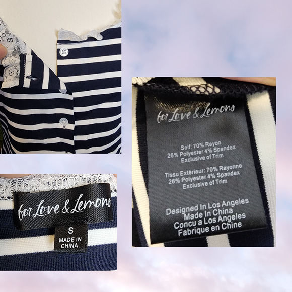 For Love & Lemons Suzette Dark Blue White Stripe Whimsi Button up Lace Top Sz S - Picture 4 of 4